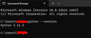 CMD showing the confirmation of the Python installation 