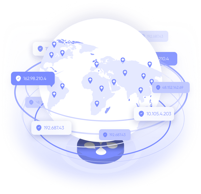 Illustration of a globe with location markers and IP addresses, symbolizing rotating proxies